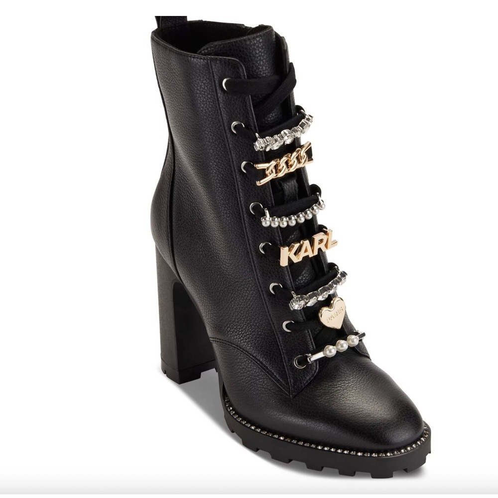 Karl Lagerfeld Paris Moto Black Leather Embellished Block Heel Combat Boots 8.5